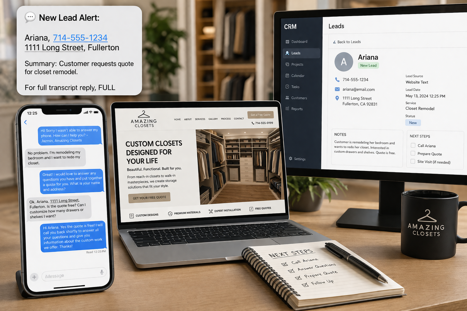 A desktop setup showing a new lead alert, text conversation, business website, and CRM screen